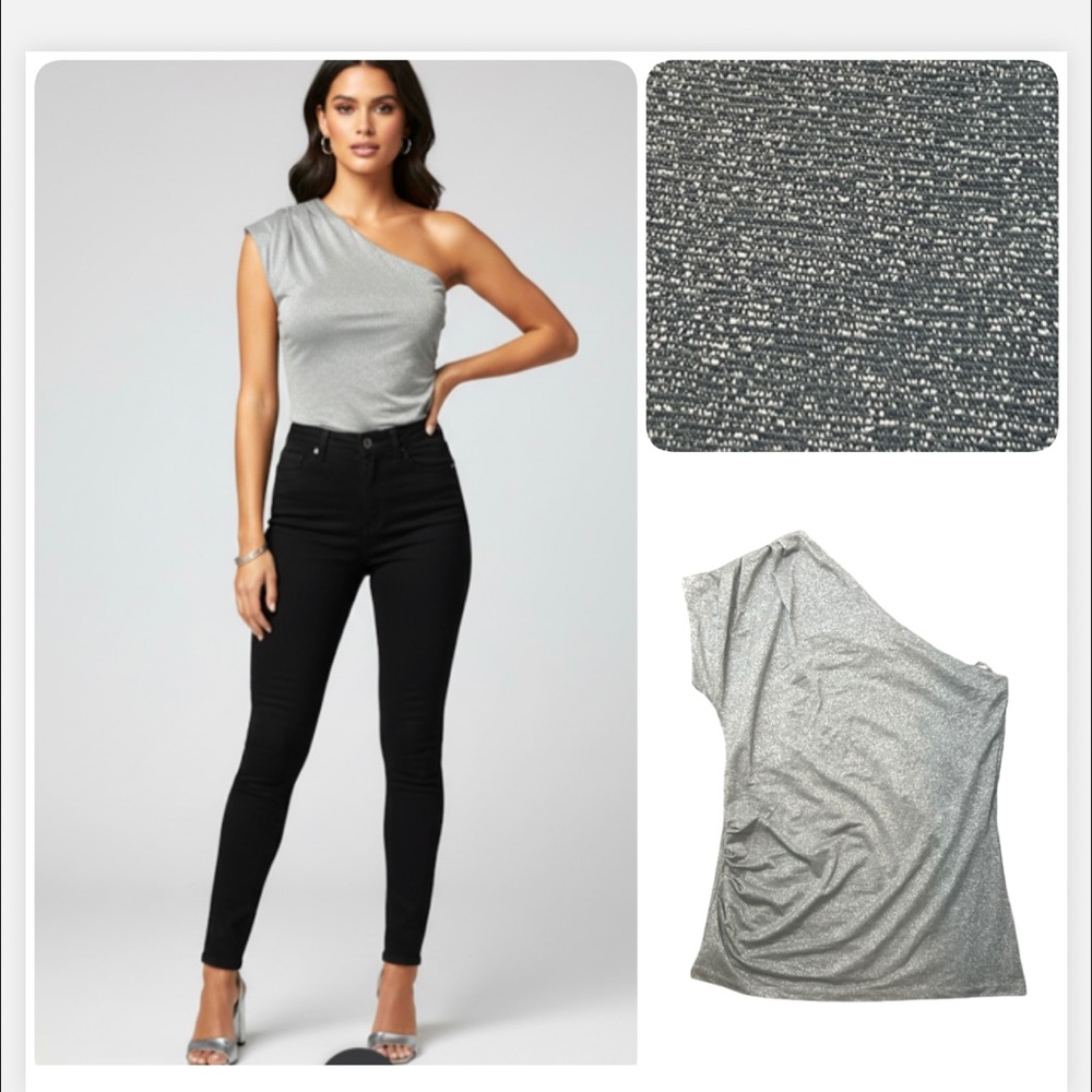 Ann Taylor Y2K Chic‎  Silver Shimmer Metallic One-Shoulder Top